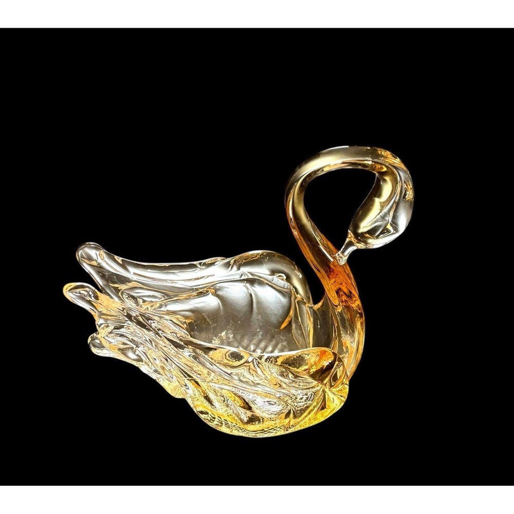 Vintage Murano Art Glass Amber & Clear Swan Figurine Retro Collectible 4.75"